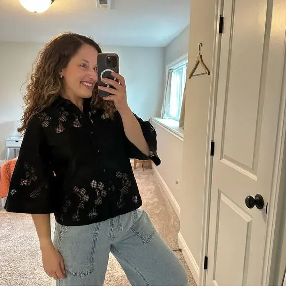 NWT Tuckernuck Ranna Gill Black Oversized Floral Faux Leather Top XS - Picture 9 of 15